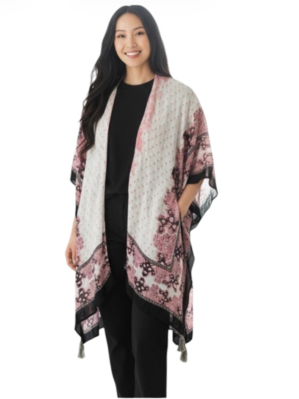Lord & Taylor Pink Black Boho Floral Kimono Cardigan Cover Up OS